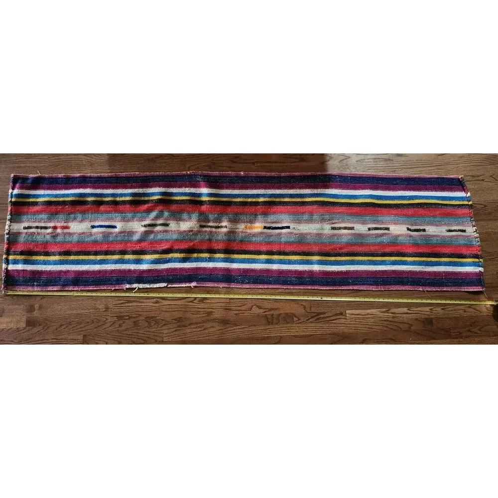 Vintage Red Blue Yellow Black Kilim Runner Rug Hand Knotted Carpet 2ft x 8.5ft